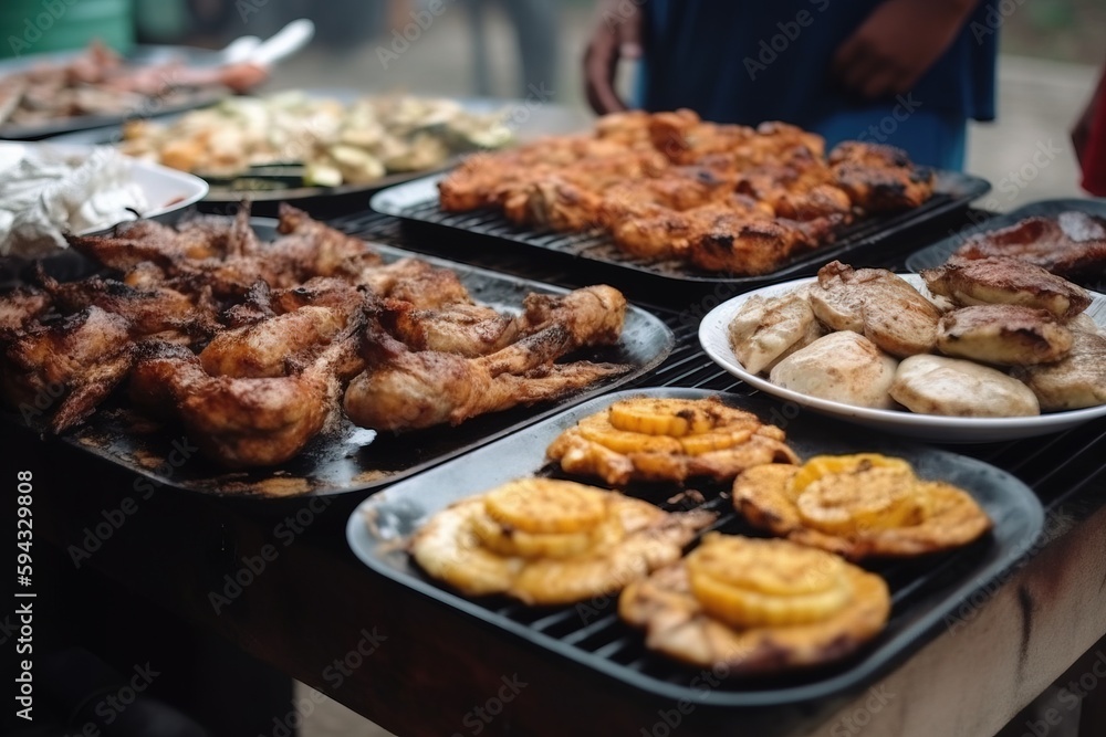  a table topped with trays of food covered in meat and veggies and other foods on top of it and a pe