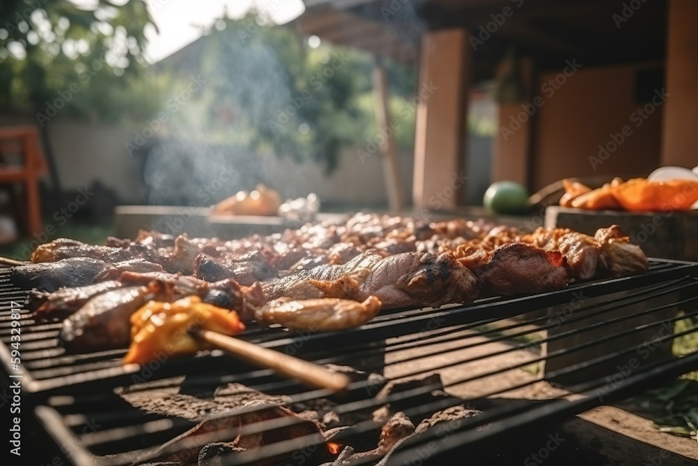  a bbq grill with meat and vegetables cooking on its side and a person standing in front of the gri