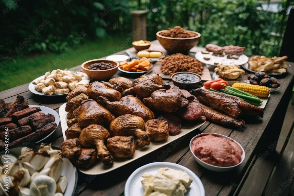  a wooden table topped with plates of food and meats on top of its sides and on top of a wooden tab