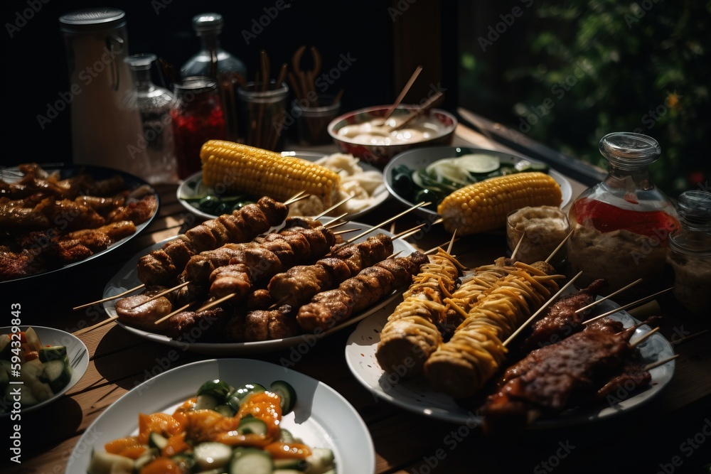  a table topped with plates of food covered in skewers of meat and veggies next to corn on the cob a