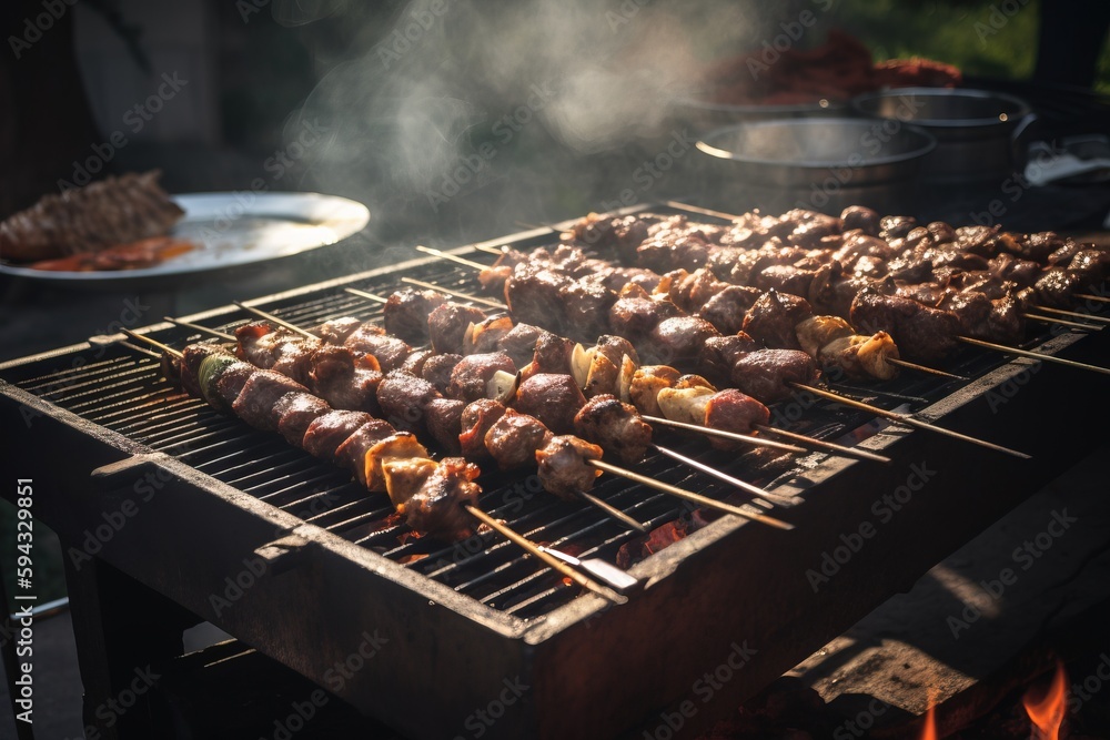  a bbq grill with several skewers of food cooking on it and plates of food on the side of the grill 