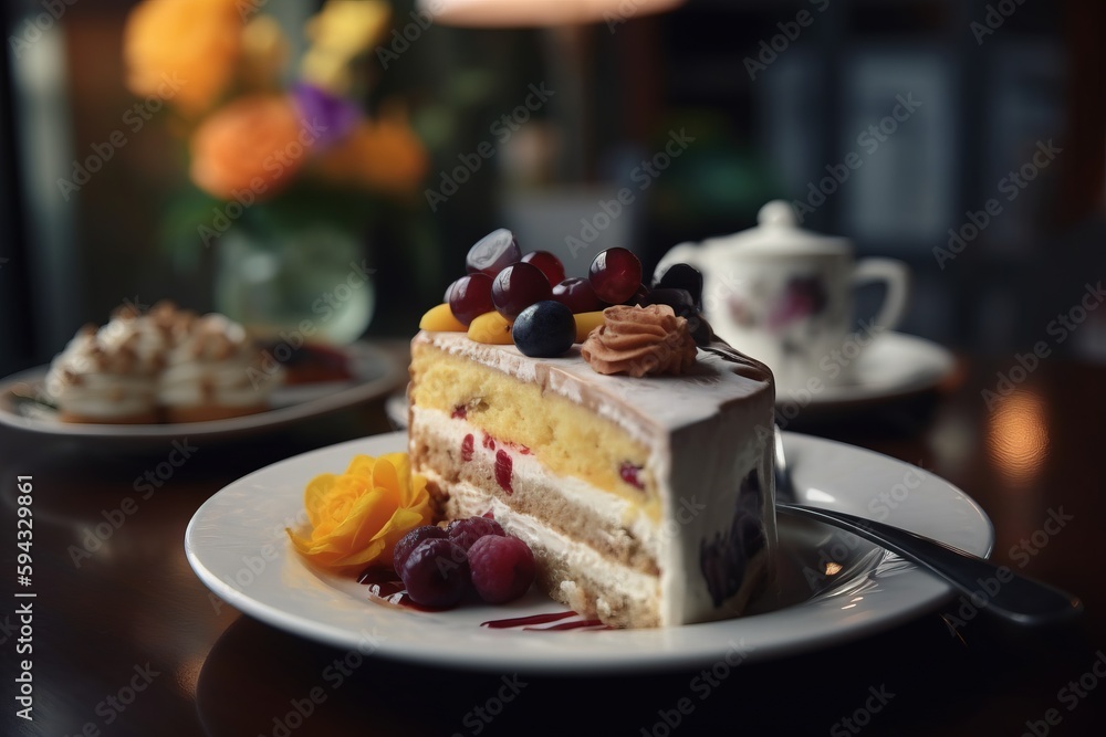  a piece of cake with fruit on top of it on a plate with a fork and a cup of coffee in the backgroun