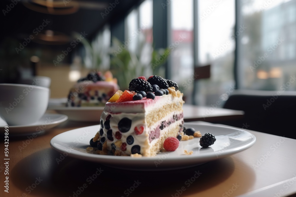  a piece of cake on a plate on a table with a cup of coffee in the background and a window in the ba