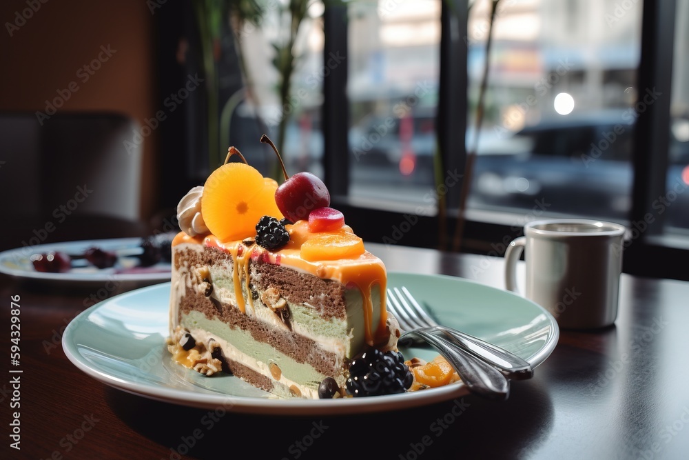  a piece of cake on a plate with a fork and a cup of coffee in front of a window with a view of a ci