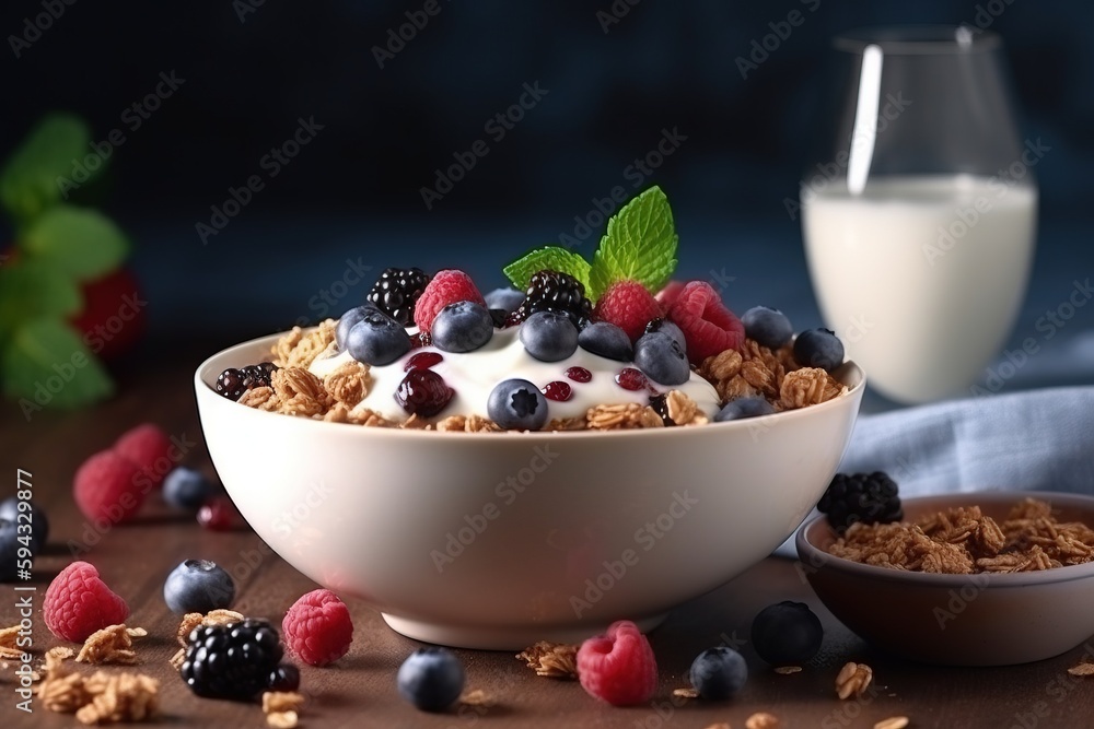  a bowl of granola with berries, yogurt and a glass of milk on a table next to a blue cloth and a gl