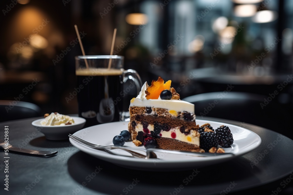  a piece of cake on a plate with a fork and a glass of coffee in the background on a table with a bl