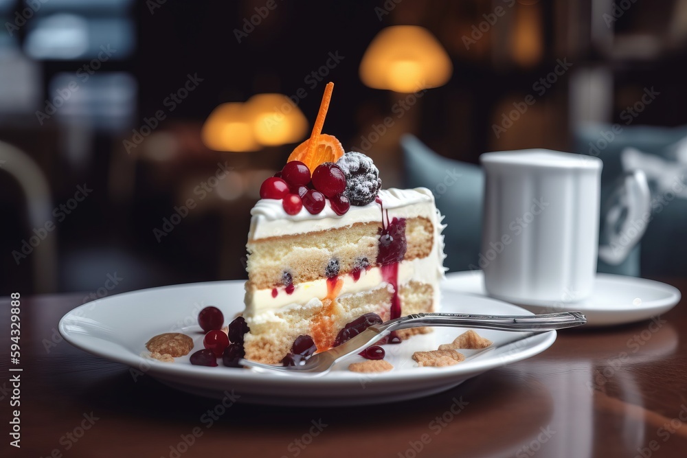  a piece of cake with berries and a fork on a plate with a cup of coffee in the background on a tabl