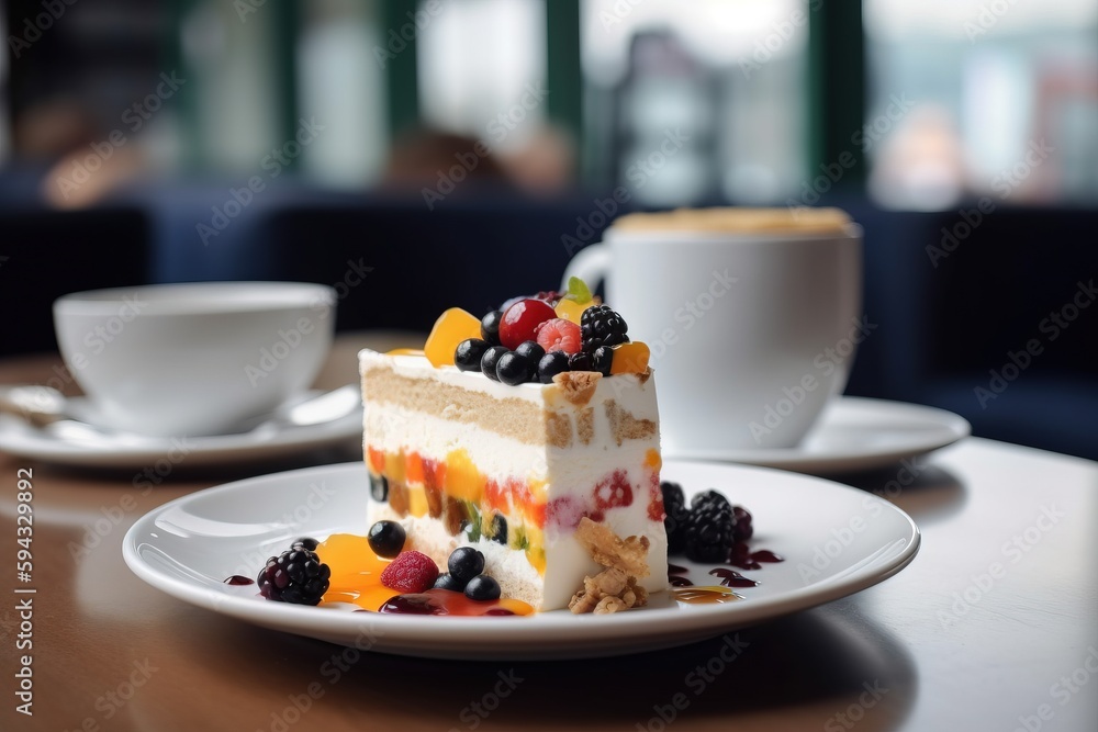  a piece of cake on a plate with fruit on top and a cup of coffee on the side on a table in a restau