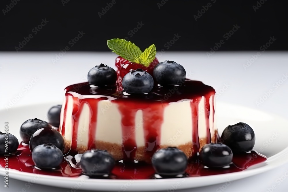  a small cake with berries on top on a white plate with a green leaf on top of it and blueberries on