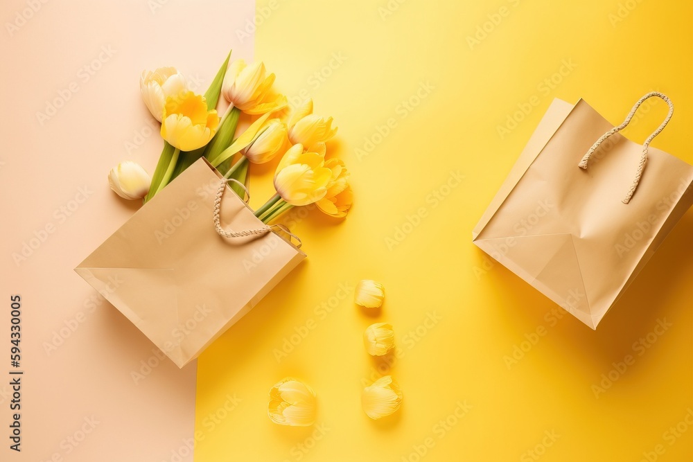  a paper bag with flowers in it next to a pair of yellow tulips on a yellow and pink background with