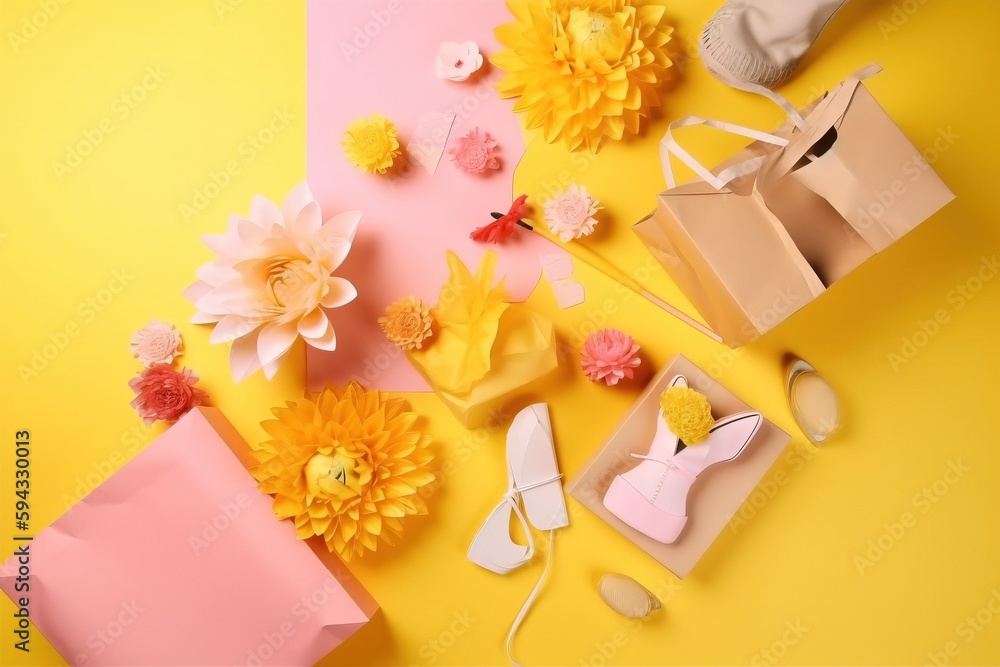  a yellow and pink background with paper flowers and a pair of shoes on the floor and a pair of shoe