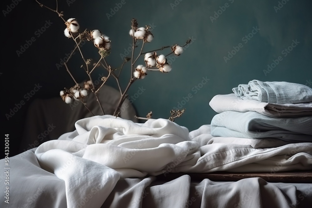  a bed with a bunch of white sheets on top of it next to a vase with a plant in it and a blanket on 