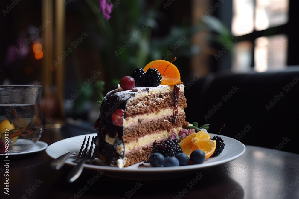  a piece of cake with fruit on top of it on a plate with a fork and a glass of water on the side of 