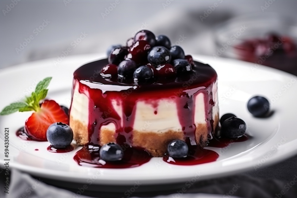  a cheesecake with blueberries and a strawberry on a white plate with a fork and napkin on the side 