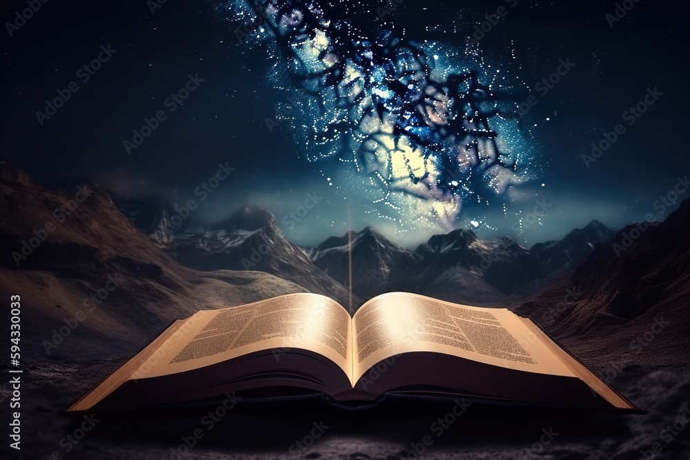  an open book with an image of a galaxy in the sky above it and mountains in the background with sta