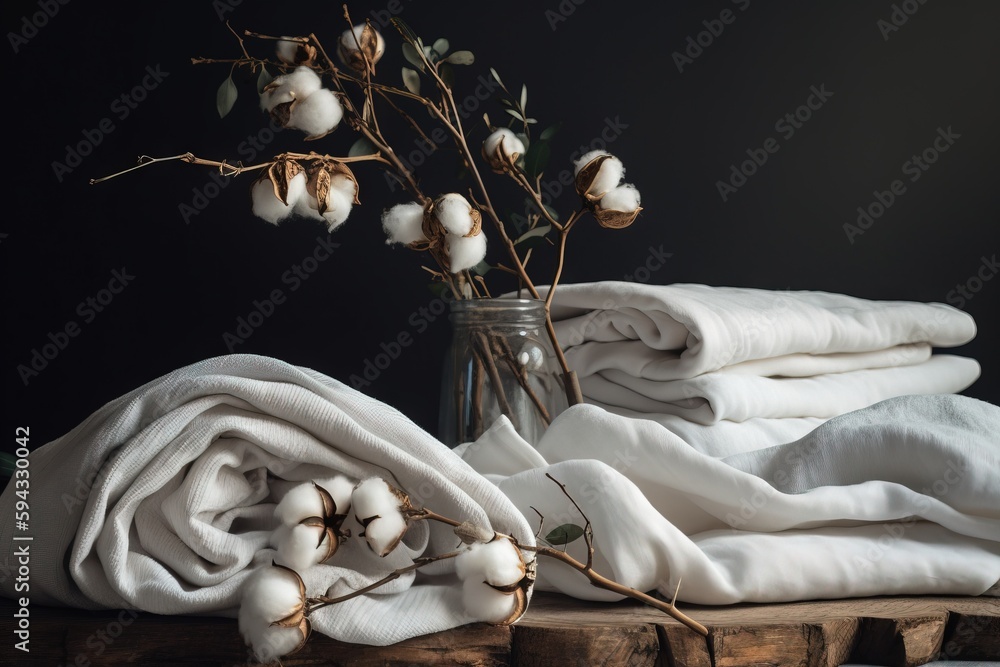  a glass vase with cotton and a stack of folded white linens on a wooden table with a branch of cott