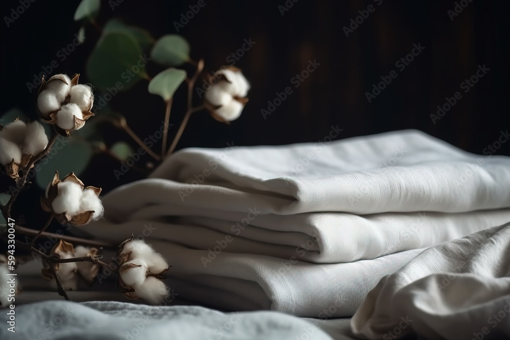  a stack of white linens sitting on top of a bed next to a plant with cotton in it and a cloth on th