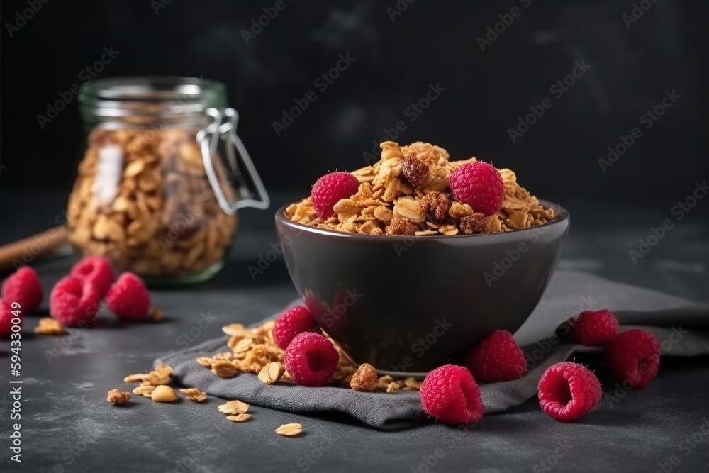  a bowl of granola with raspberries on the side and a jar of granola in the background with a spoon 