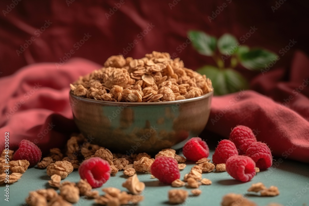  a bowl filled with granola and raspberries on a blue tablecloth next to a red cloth and a red cloth