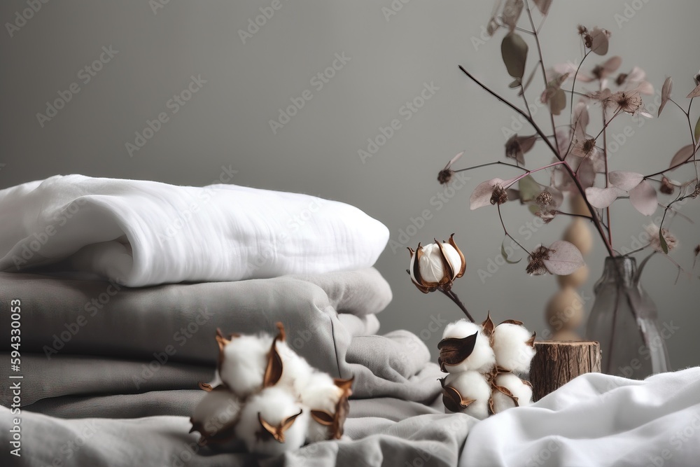  a vase of cotton and a stack of linens on a bed with a blanket and a vase of flowers on the side of