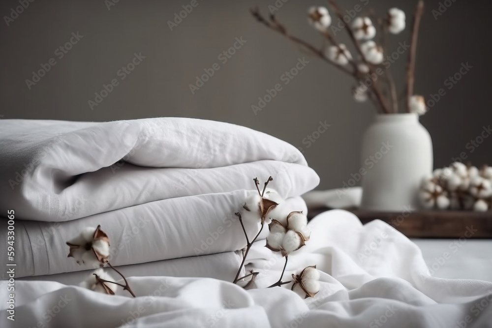  a stack of white linens on a bed with a vase of cotton flowers in the foreground and a wooden tray 