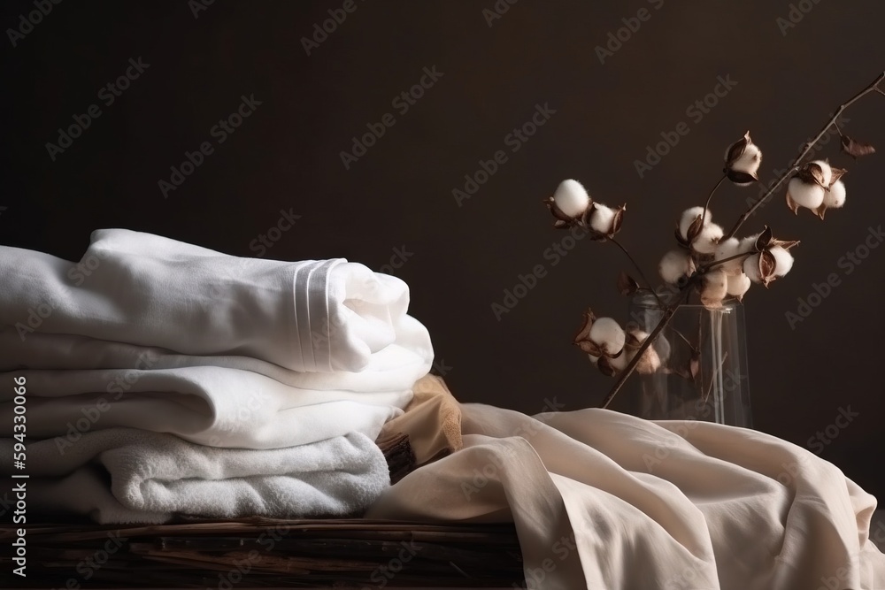  a stack of white towels sitting on top of a wooden table next to a vase with cotton in it and a cot