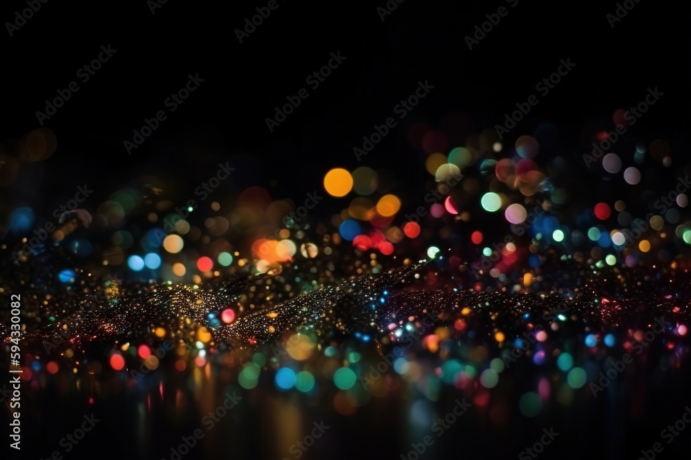  a blurry photo of colorful lights on a black background with a reflection of the lights on the grou