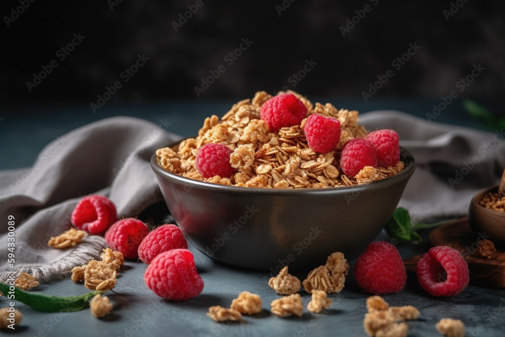  a bowl of granola with raspberries and a spoon on a table with a cloth and a wooden spoon on the si