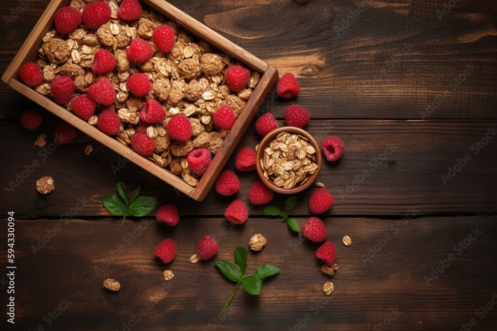  a wooden box filled with granola and raspberries on top of a wooden table next to a bowl of raspber