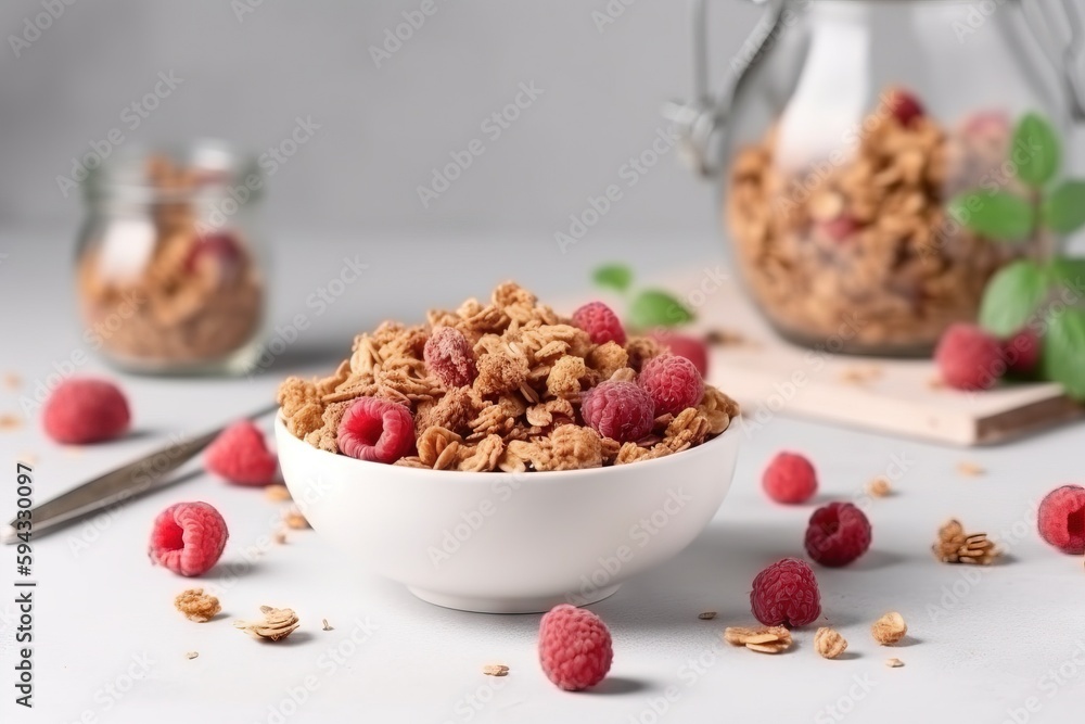  a bowl of granola with raspberries on a white table with a glass jar of milk and a spoon and a few 