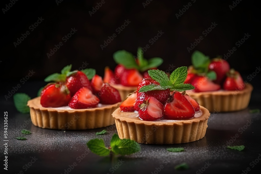  three small tarts with strawberries and mint on top of a black surface with a dark background and a