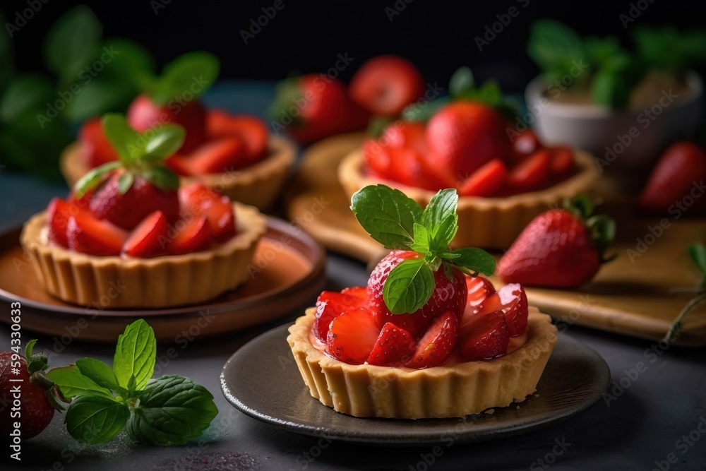  a close up of a plate of food with strawberries on top of it and a bowl of strawberries on the side