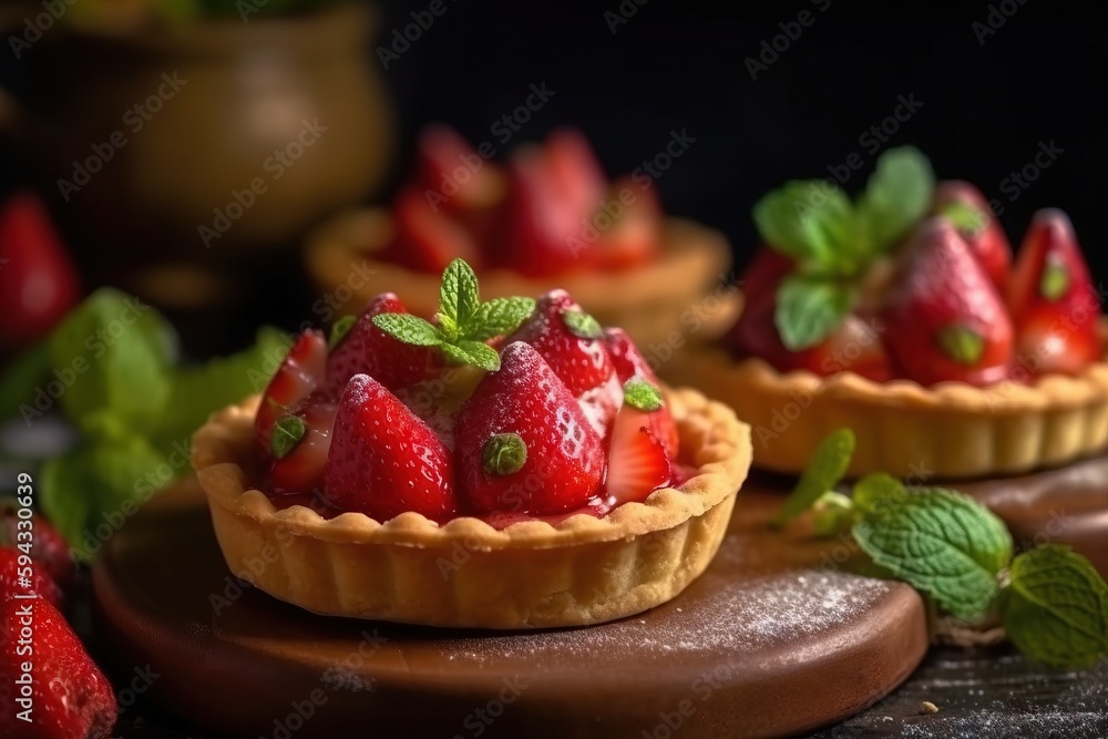  a close up of a pastry with strawberries on top of it and mint leaves on the top of the crust and o