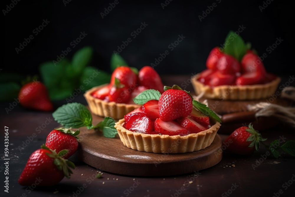  a close up of a pastry with strawberries on a wooden board and green leaves around the edges of the