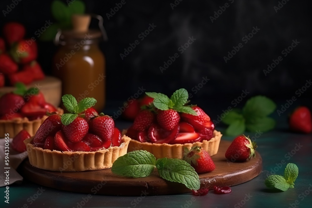  a table topped with tarts covered in fresh strawberries and mint leaves next to a jar of honey and 