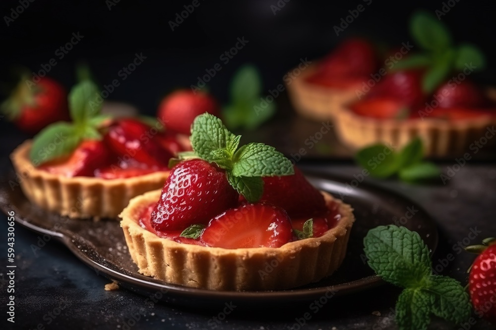  a couple of small tarts with strawberries on top of them on a plate with mint leaves on top of them