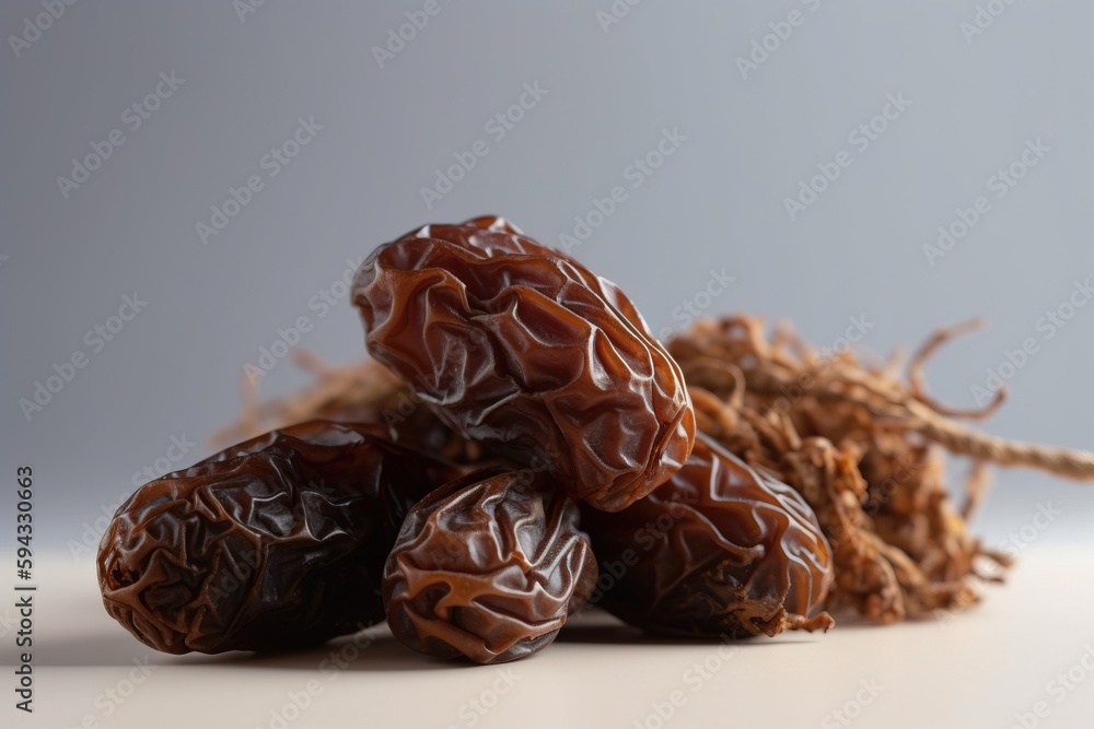  a pile of raisins sitting on top of a white counter top next to a pile of dried raisins on top of a