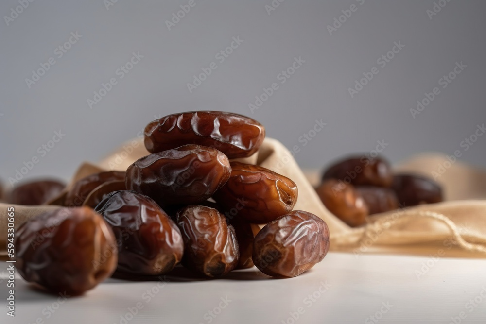  a pile of dates sitting on top of a white table next to a bag of raisins on a tablecloth covered ta