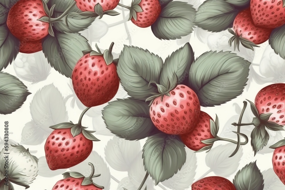  a pattern of strawberries on a white background with leaves and berries on the stems of the strawbe