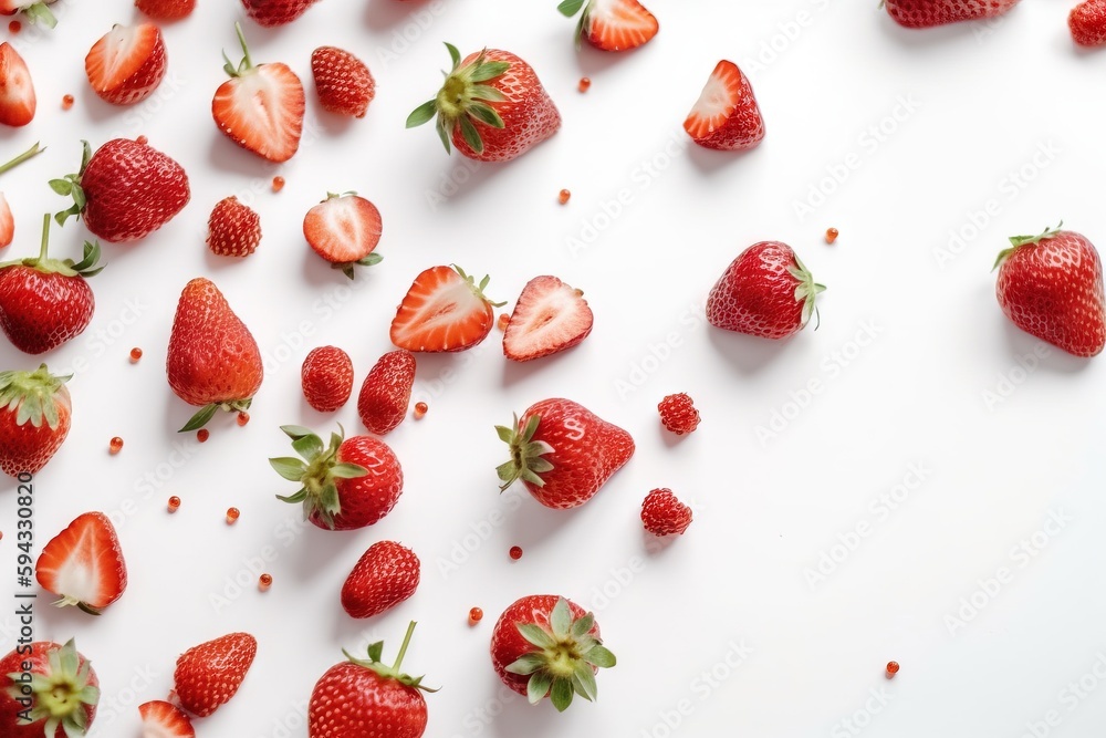  strawberries scattered on a white surface with a white background with a few strawberries scattered