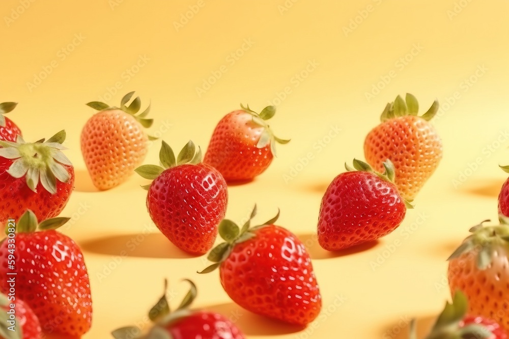  a group of strawberries on a yellow background with a shadow of the strawberries in the middle of t