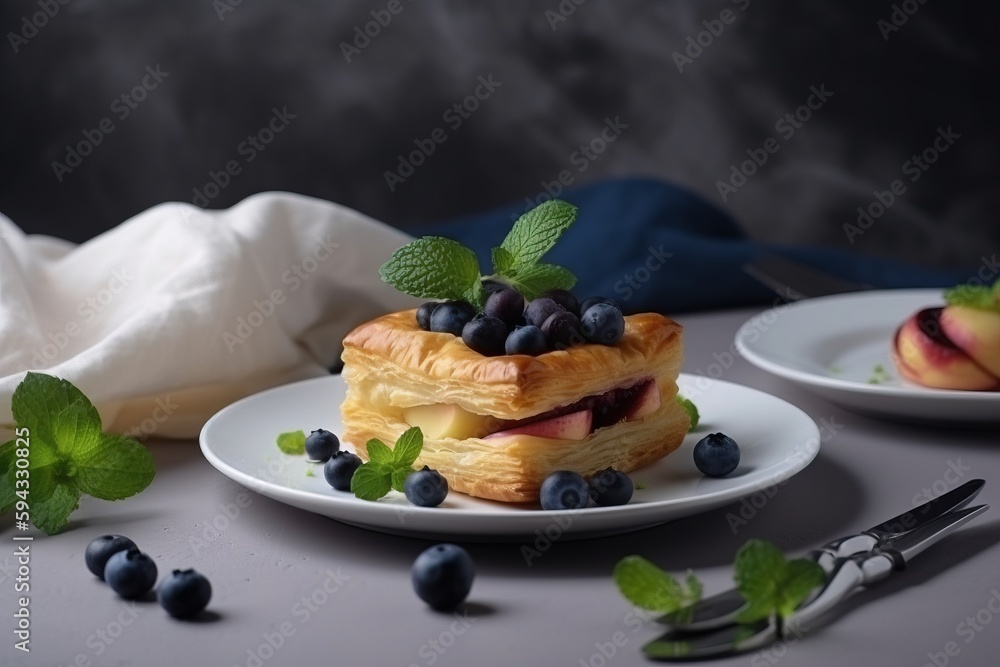  a pastry with blueberries and mint leaves on a white plate with a fork and napkin next to it on a g