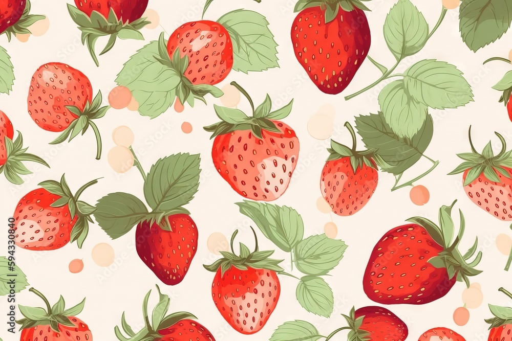  a pattern of strawberries with leaves on a white background with polka dotes and circles in the cen