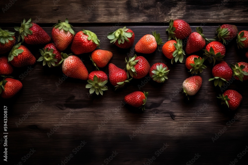  a group of strawberries on a wooden table with green leaves on top of them and on the bottom of the