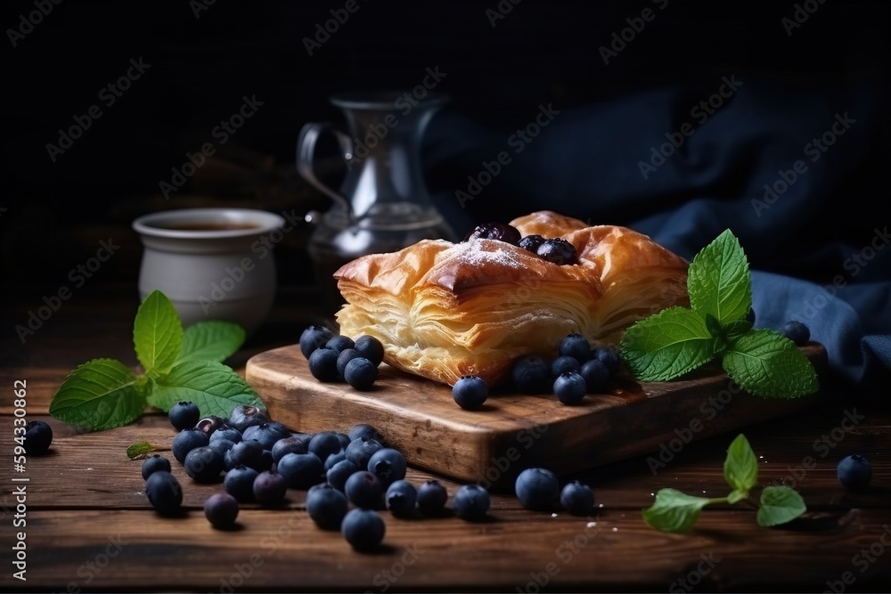  a pastry with blueberries on a cutting board next to a cup of coffee and some mint leaves on a wood