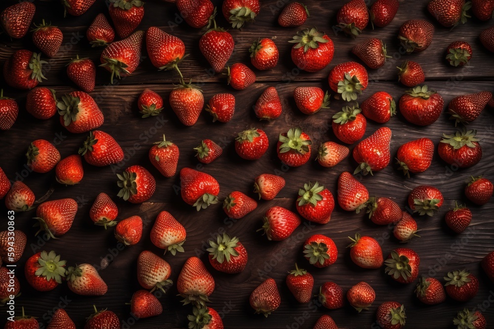  a group of strawberries on a wooden table with a dark background and a few more strawberries on the