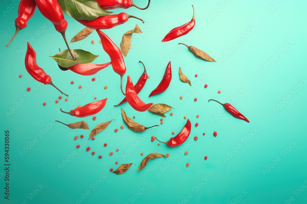  a group of red peppers and leaves on a blue background with red pepper seeds scattered around them 