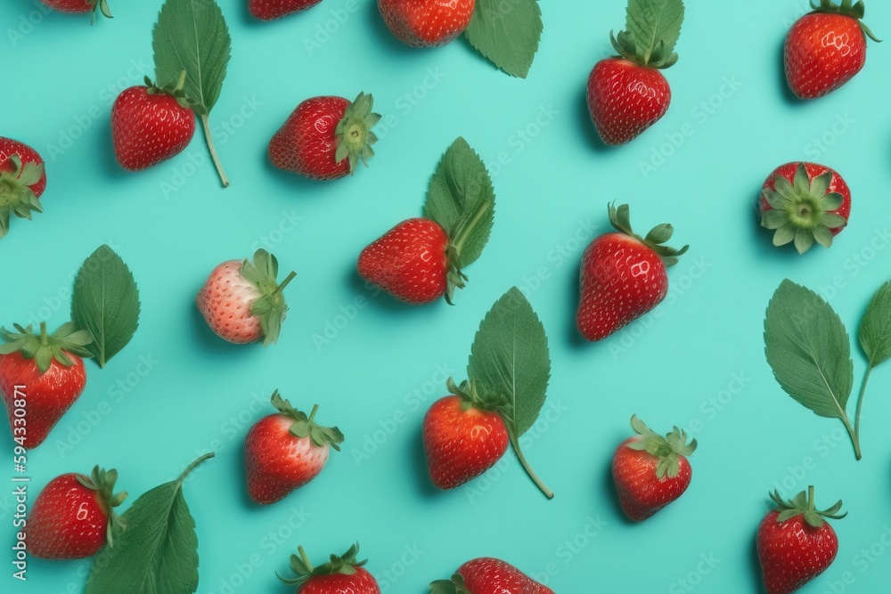  a group of strawberries with leaves on a blue background with a green background and a few strawber