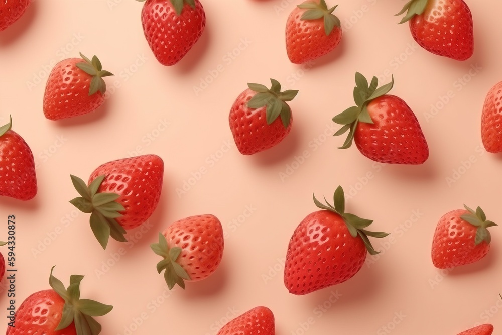  a group of strawberries on a pink background with green leaves on the top of the strawberries and t