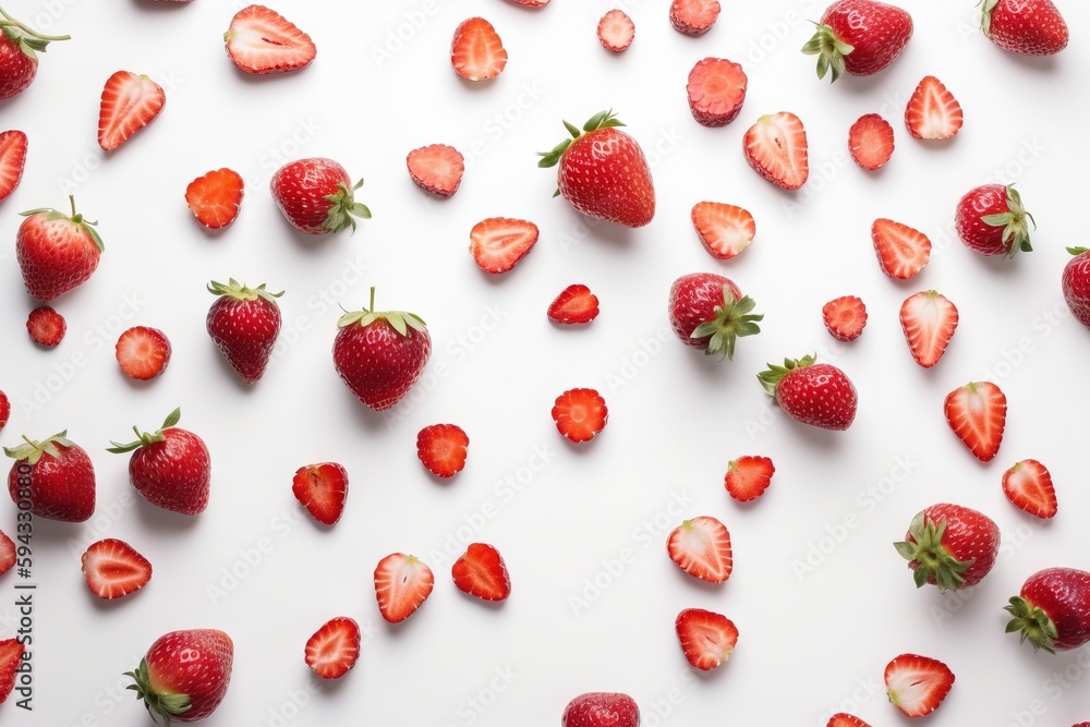  strawberries scattered on a white surface with a white background with a few strawberries scattered